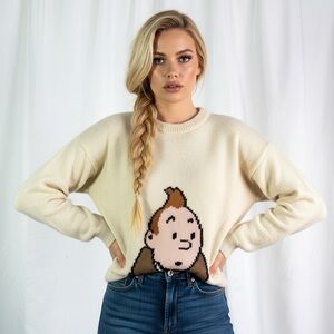 Tintin & Snowy Knit Sweater Cream Crewneck Pullover Women's Large